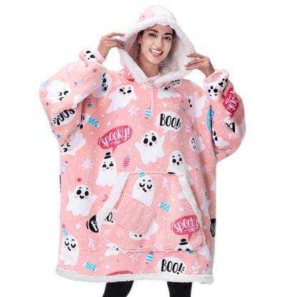 Adult Flannel Wearable Blanket - Halloween Pink Ghost