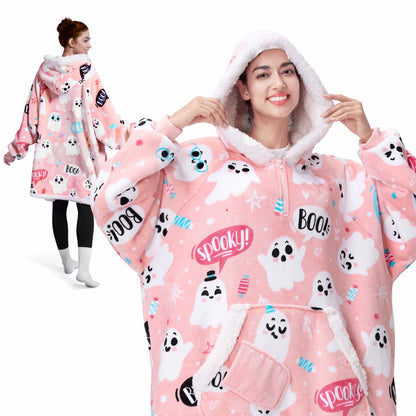 Adult Flannel Wearable Blanket - Halloween Pink Ghost