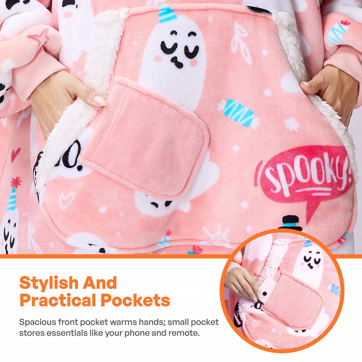 Adult Flannel Wearable Blanket - Halloween Pink Ghost