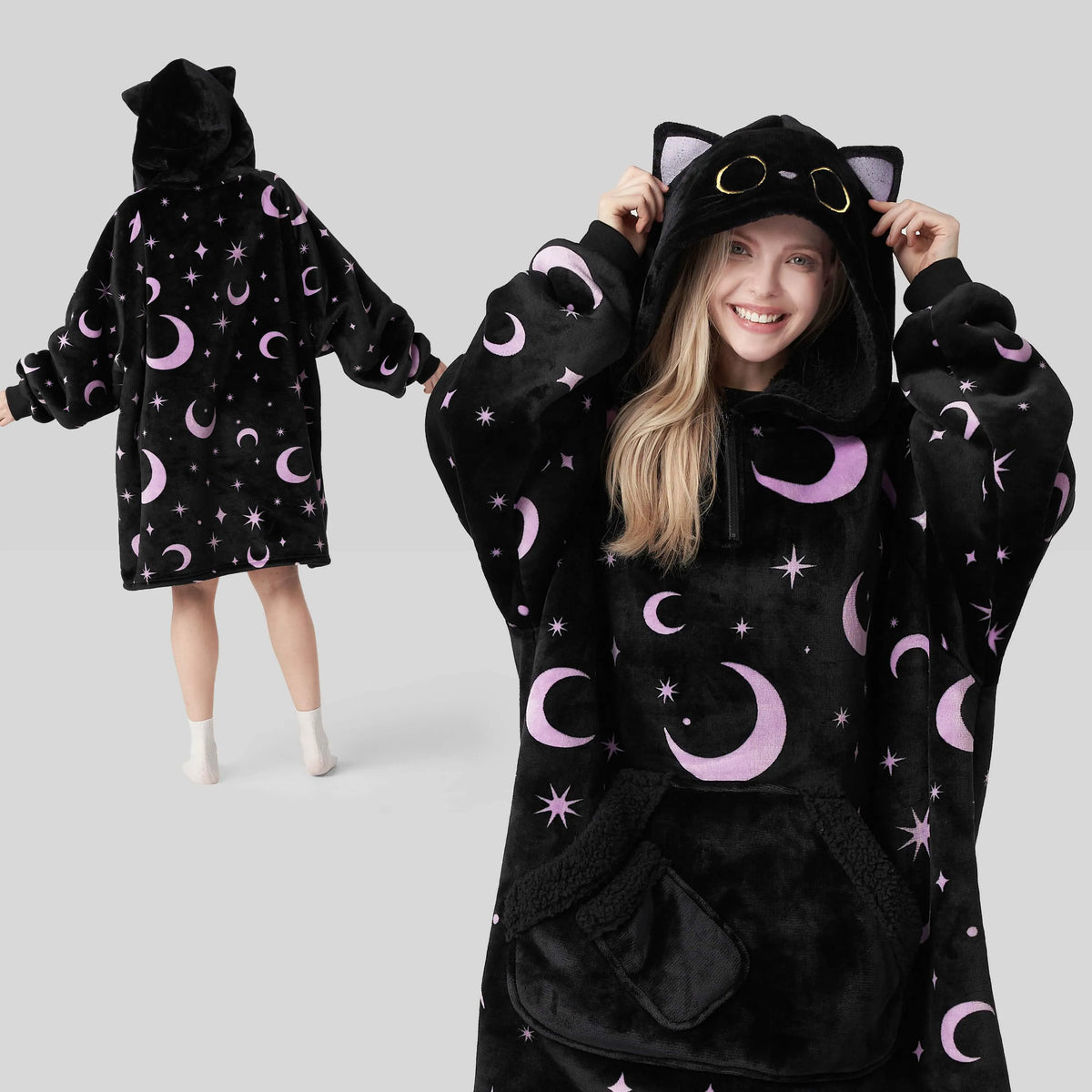 Adult Sherpa Wearable Blanket - Black Cat Shape