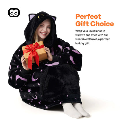 Adult Sherpa Wearable Blanket - Black Cat Shape