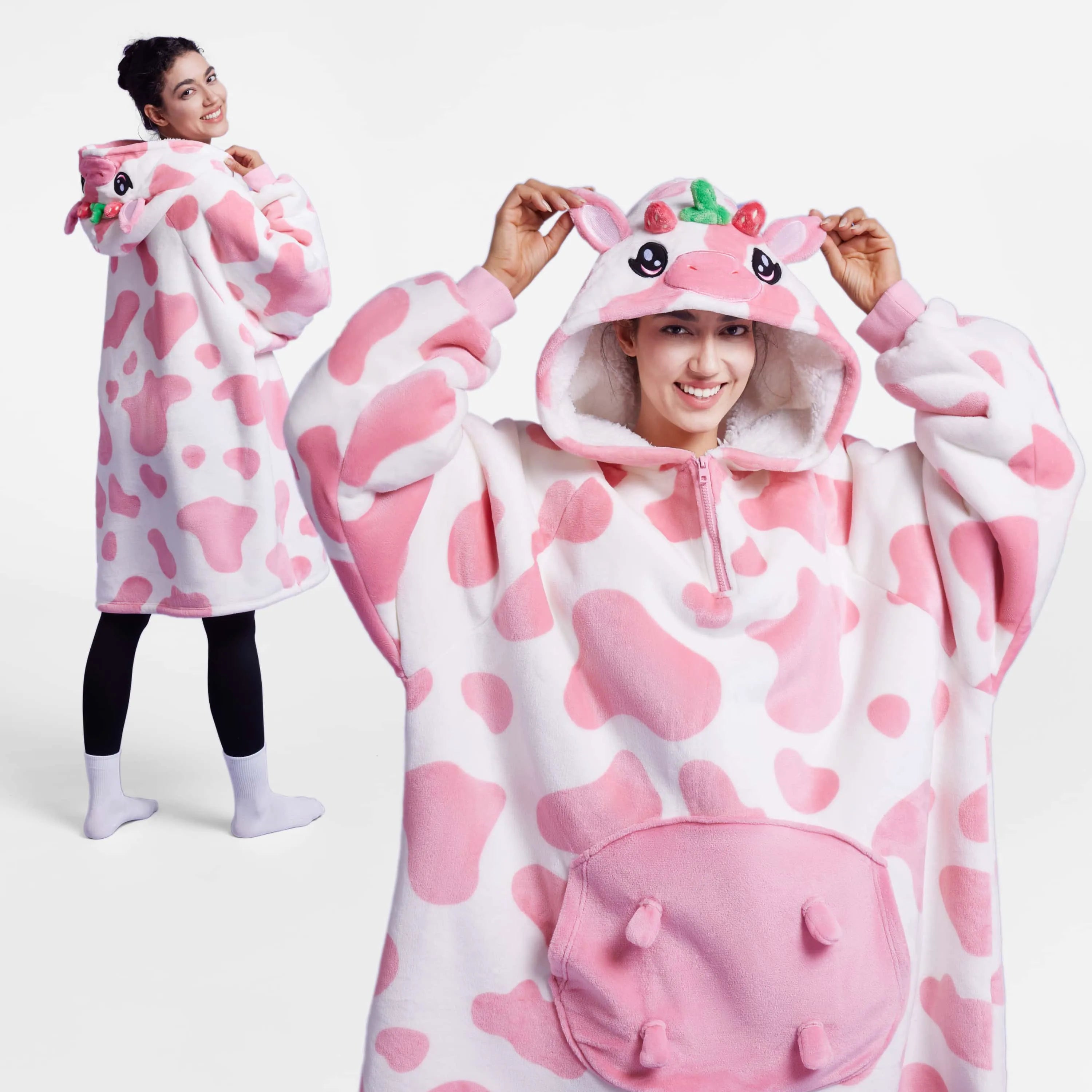 Strawberry Cow Adult Sherpa Wearable Blanket