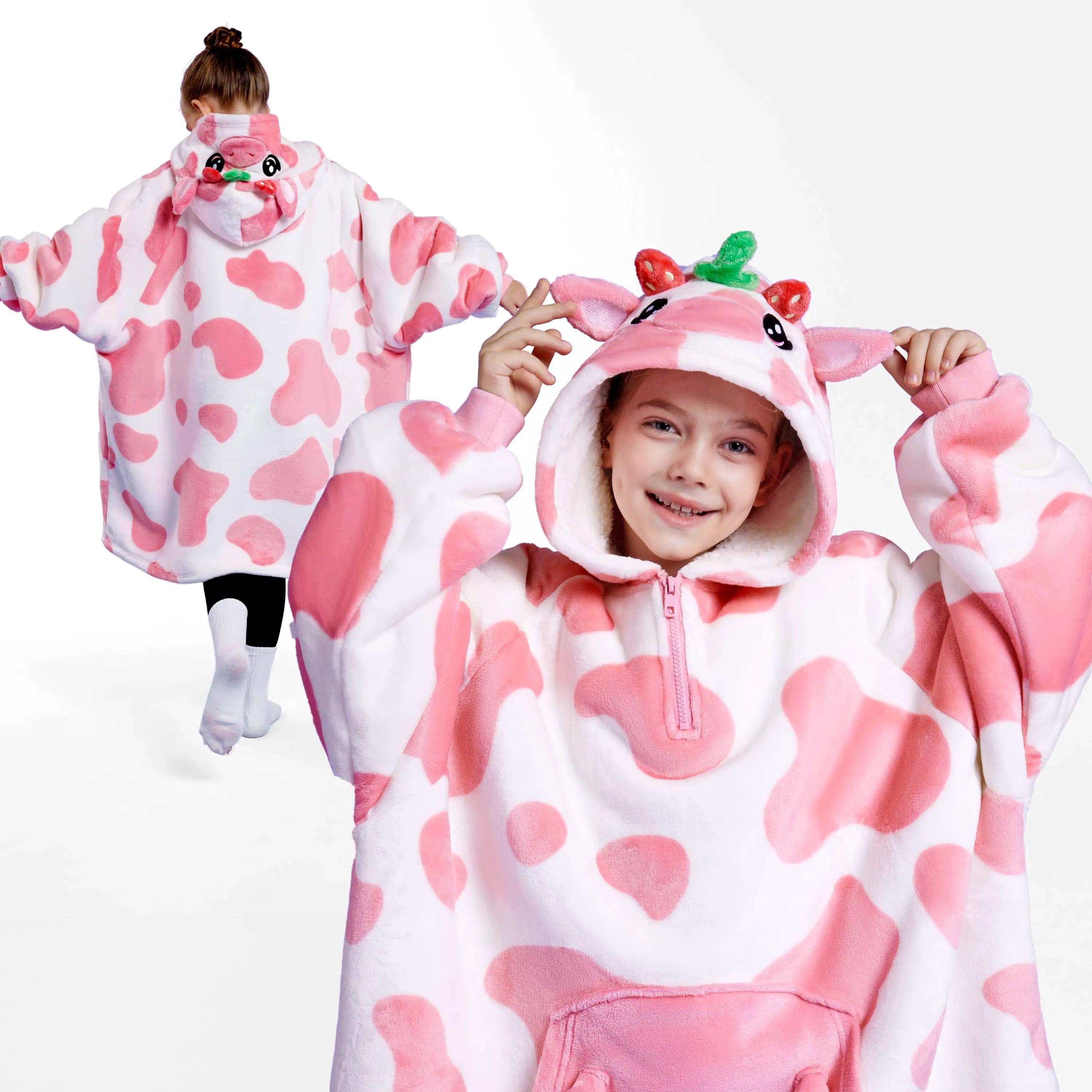 Kids' Sherpa Wearable Blanket - Strawberry Cow Shape