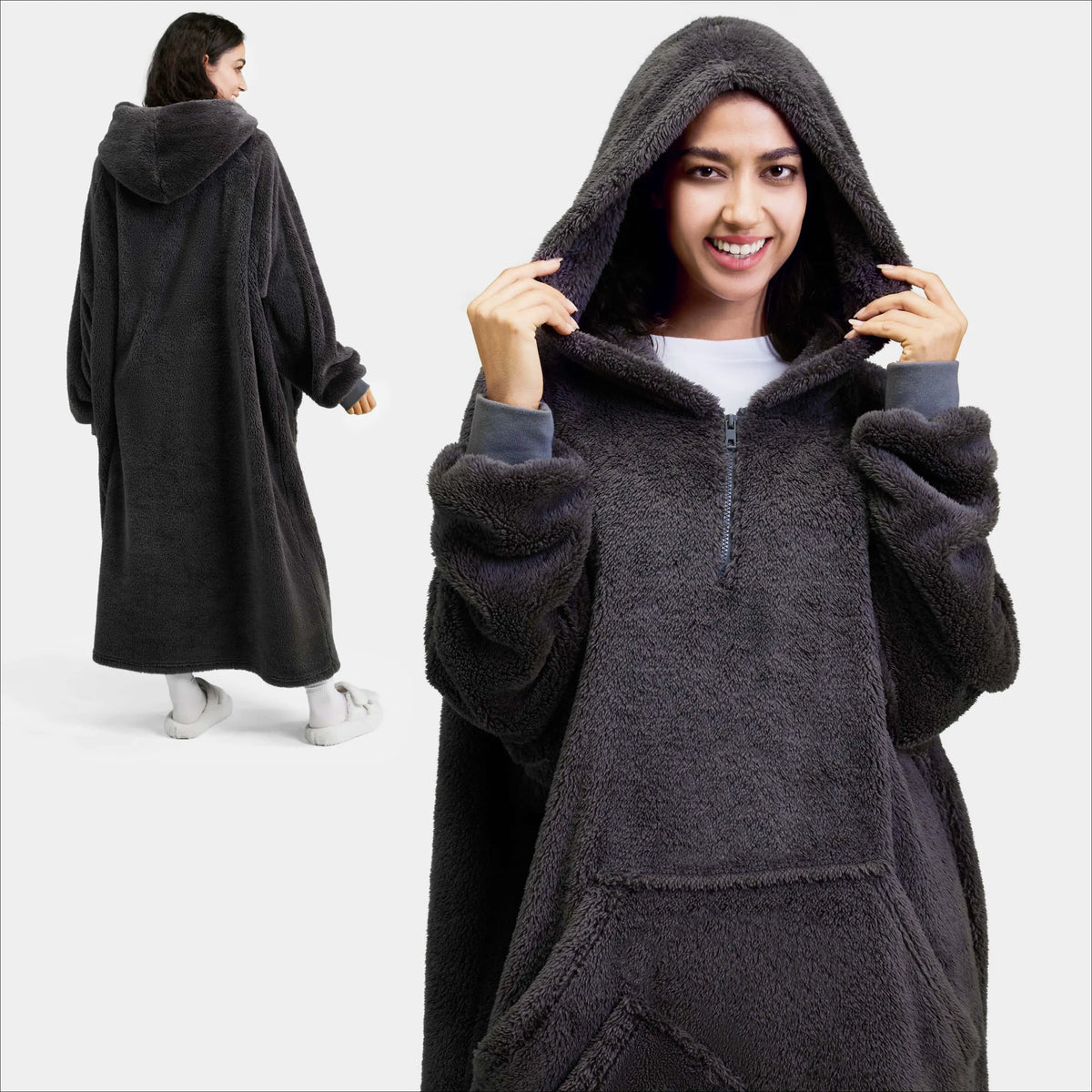Adult Flannel Long Wearable Blanket - Dark Gray