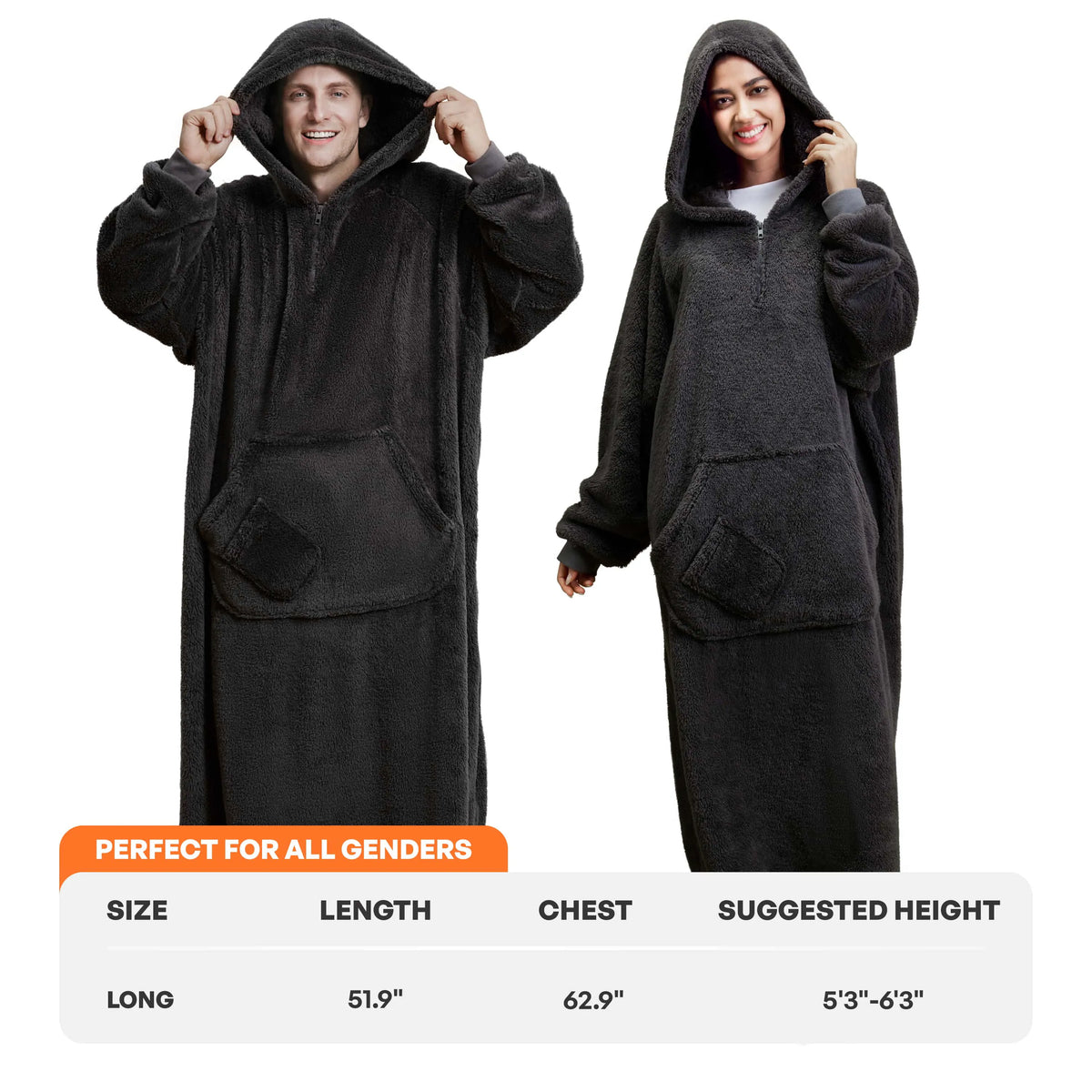Adult Flannel Long Wearable Blanket - Dark Gray