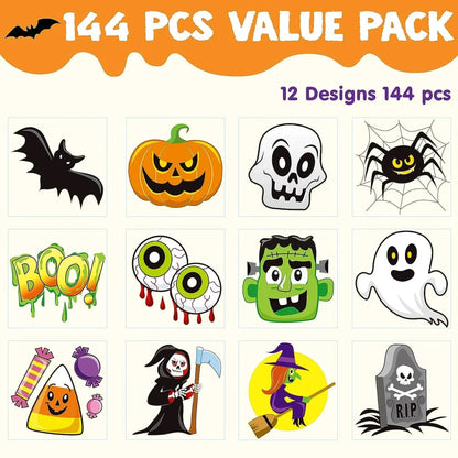 144 PCS Halloween Temporary Tattoos for Kids - 12 Designs Waterproof Fake Tattoo Stickers