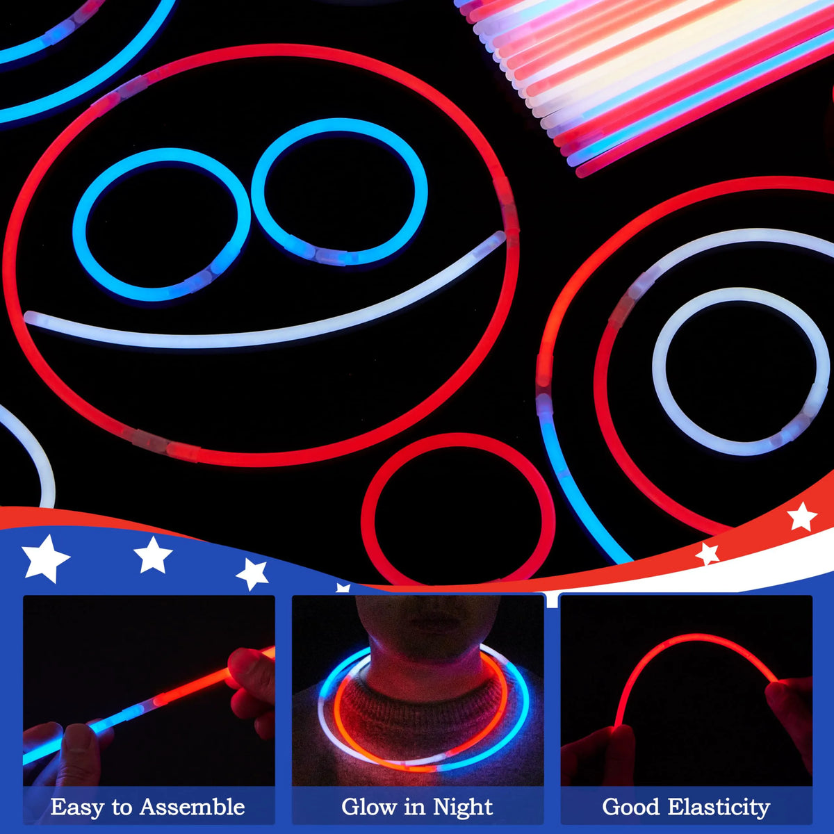 JOYIN 100 Pcs 4th of July Patriotic Glow Sticks Bulk with Connectors