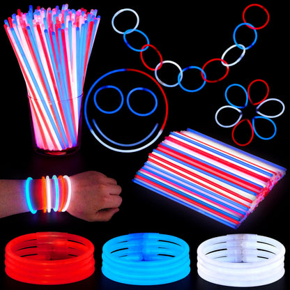 JOYIN 100 Pcs 4th of July Patriotic Glow Sticks Bulk with Connectors