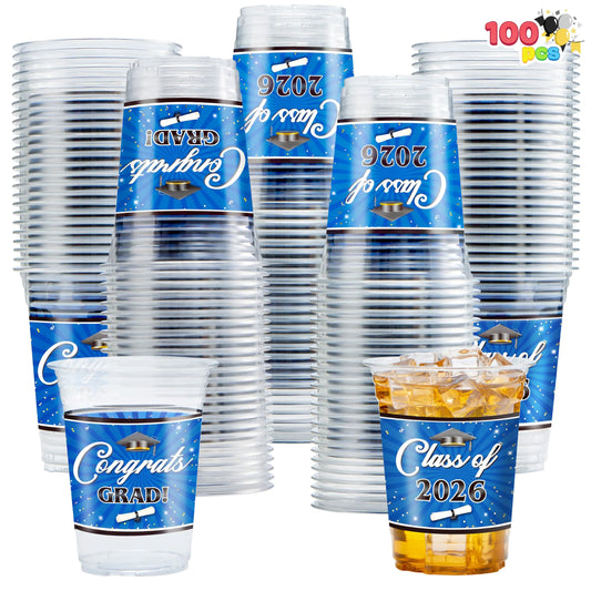 100 Pack 16oz Blue Disposable PET Graduation Cups - Class of 2026 Party Supplies