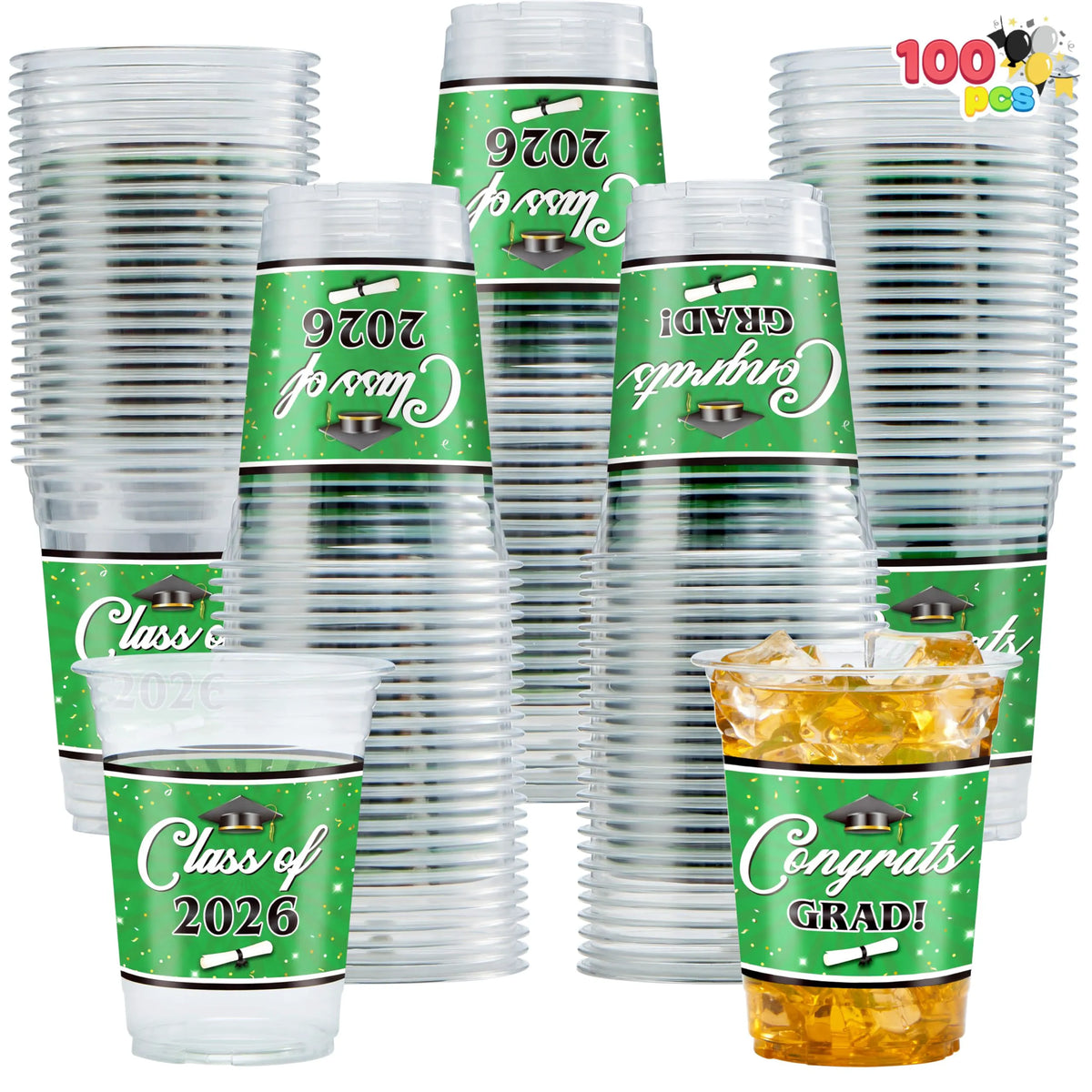 100 Pack 16oz Green Disposable PET Cups - Class of 2026 Graduation Party Supplies