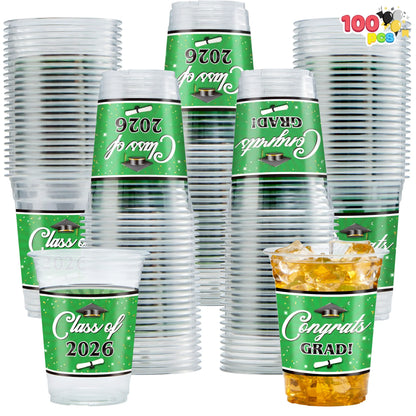 100 Pack 16oz Green Disposable PET Cups - Class of 2026 Graduation Party Supplies