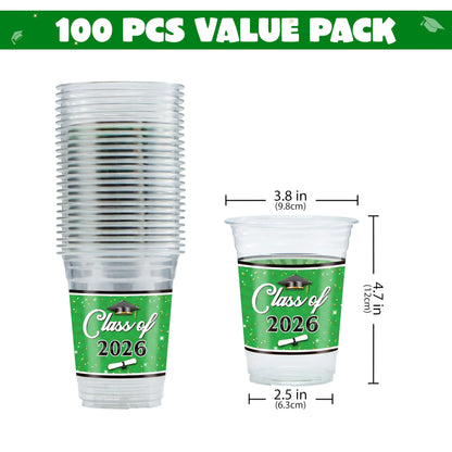 100 Pack 16oz Green Disposable PET Cups - Class of 2026 Graduation Party Supplies
