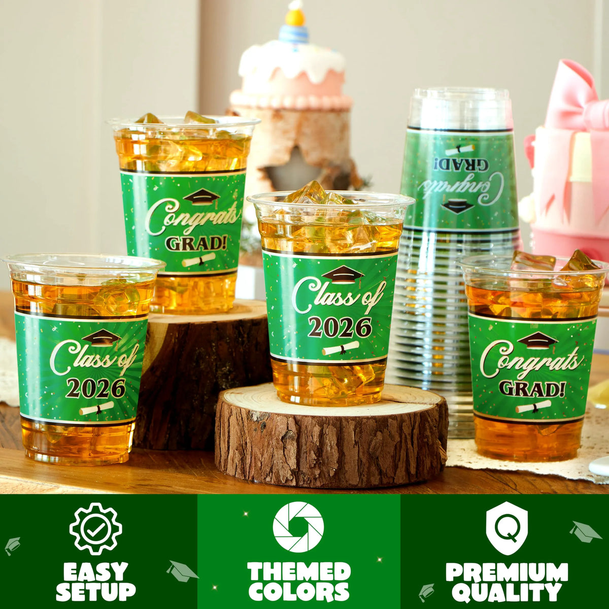 100 Pack 16oz Green Disposable PET Cups - Class of 2026 Graduation Party Supplies