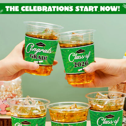 100 Pack 16oz Green Disposable PET Cups - Class of 2026 Graduation Party Supplies