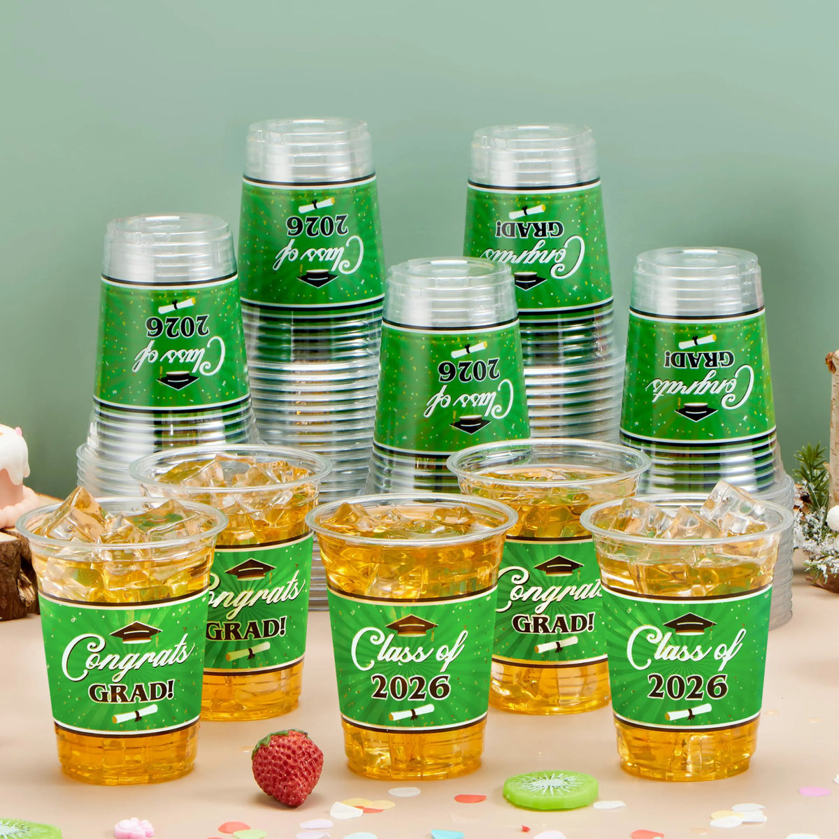 100 Pack 16oz Green Disposable PET Cups - Class of 2026 Graduation Party Supplies