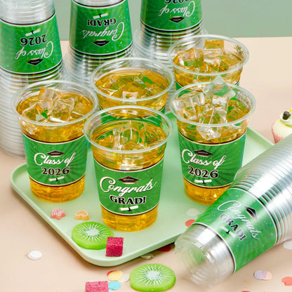 100 Pack 16oz Green Disposable PET Cups - Class of 2026 Graduation Party Supplies