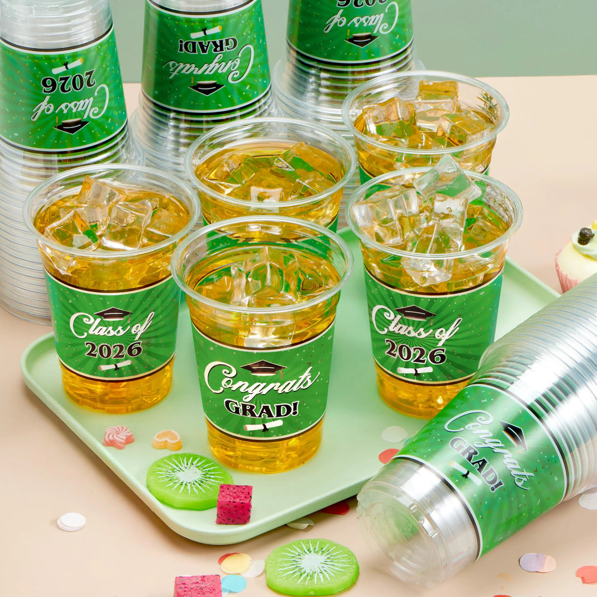 100 Pack 16oz Green Disposable PET Cups - Class of 2026 Graduation Party Supplies