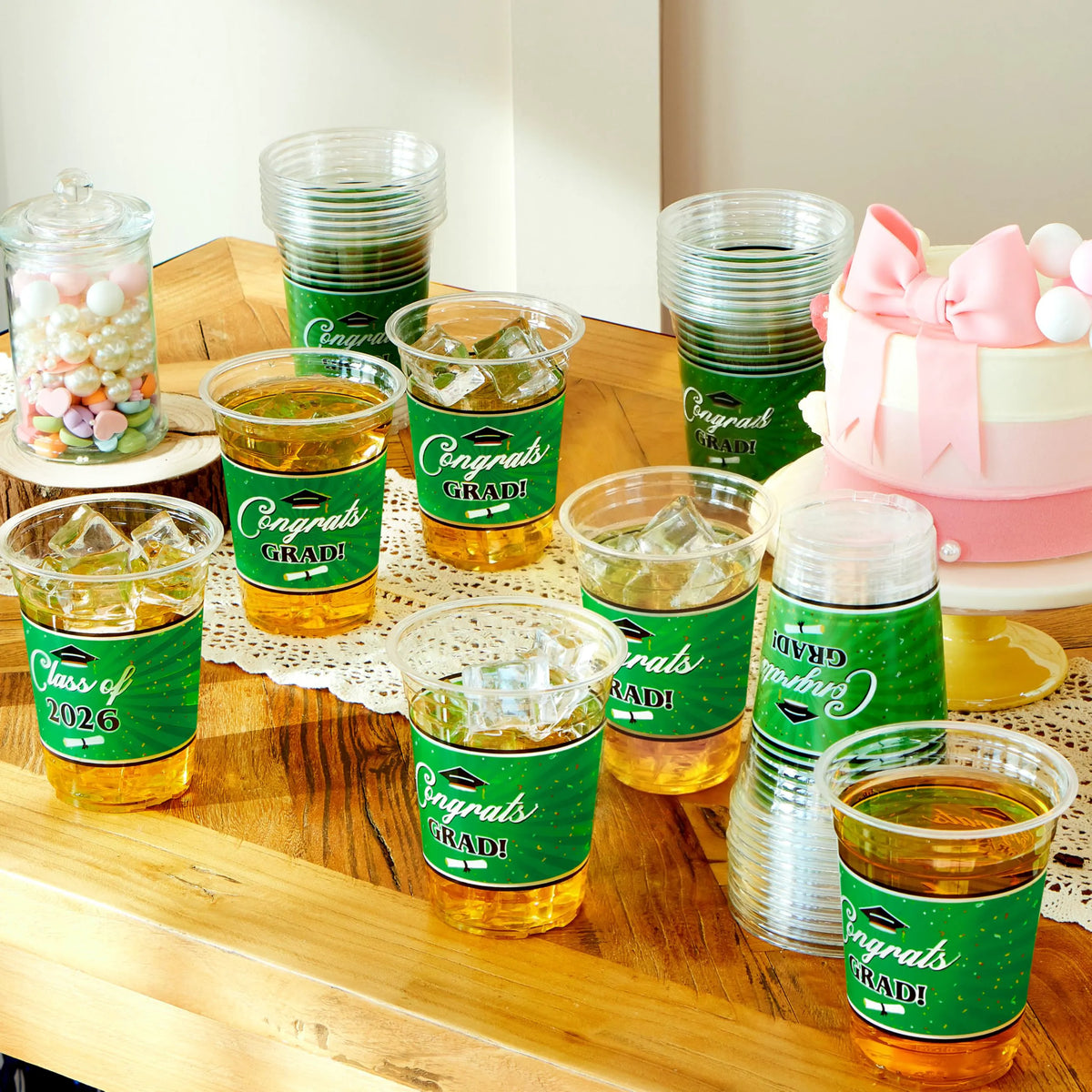 100 Pack 16oz Green Disposable PET Cups - Class of 2026 Graduation Party Supplies