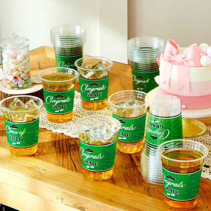100 Pack 16oz Green Disposable PET Cups - Class of 2026 Graduation Party Supplies