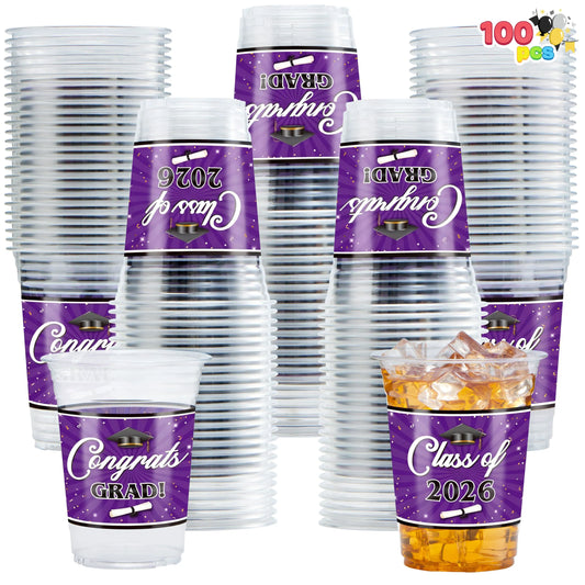 100 Pack 16oz Purple Disposable PET Graduation Cups - Class of 2026 Party Supplies