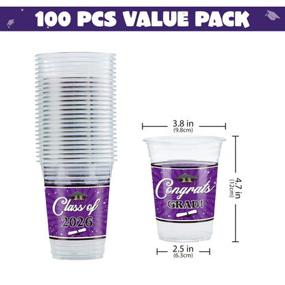 100 Pack 16oz Purple Disposable PET Graduation Cups - Class of 2026 Party Supplies