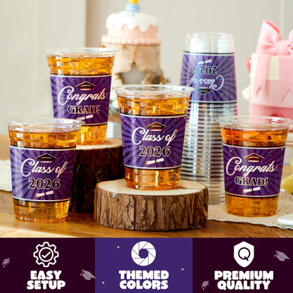100 Pack 16oz Purple Disposable PET Graduation Cups - Class of 2026 Party Supplies