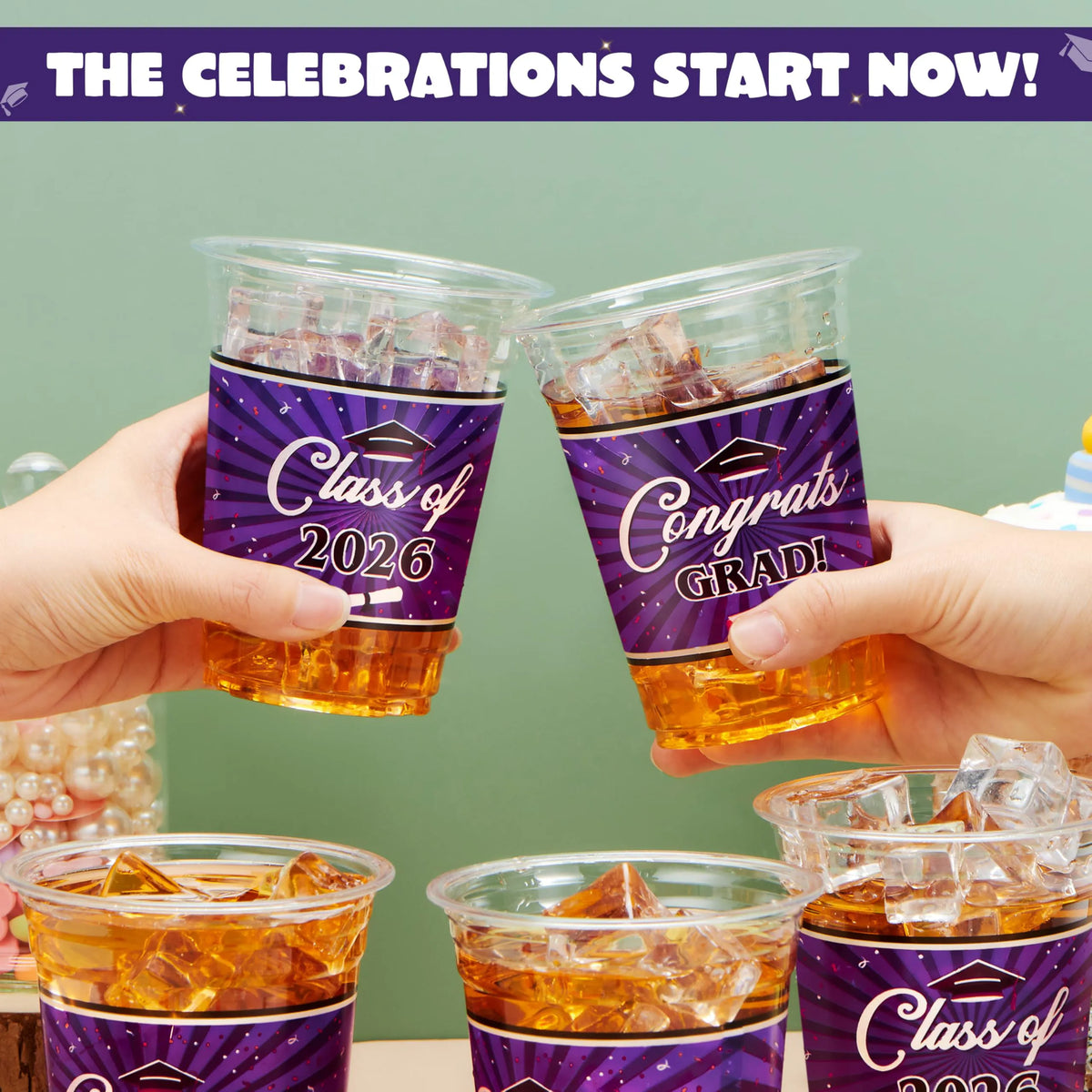 100 Pack 16oz Purple Disposable PET Graduation Cups - Class of 2026 Party Supplies