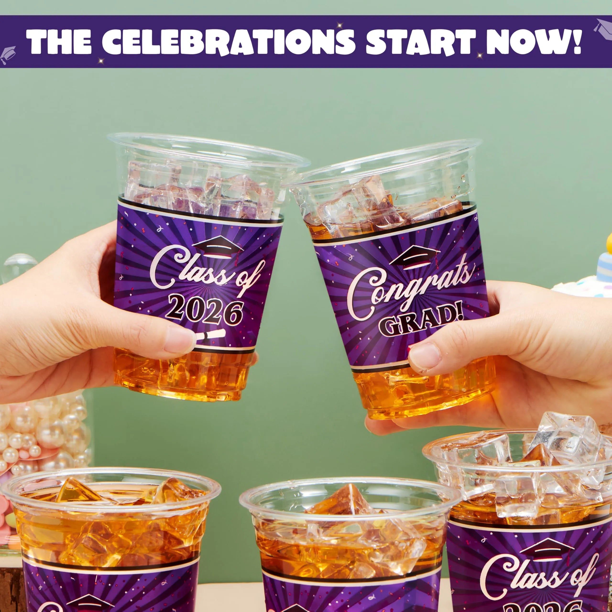 100 Pack 16oz Purple Disposable PET Graduation Cups - Class of 2026 Party Supplies