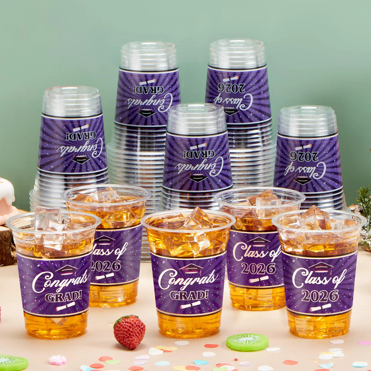 100 Pack 16oz Purple Disposable PET Graduation Cups - Class of 2026 Party Supplies