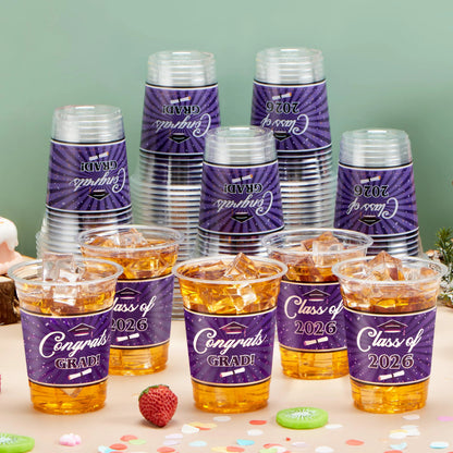 100 Pack 16oz Purple Disposable PET Graduation Cups - Class of 2026 Party Supplies
