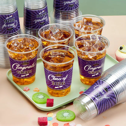 100 Pack 16oz Purple Disposable PET Graduation Cups - Class of 2026 Party Supplies