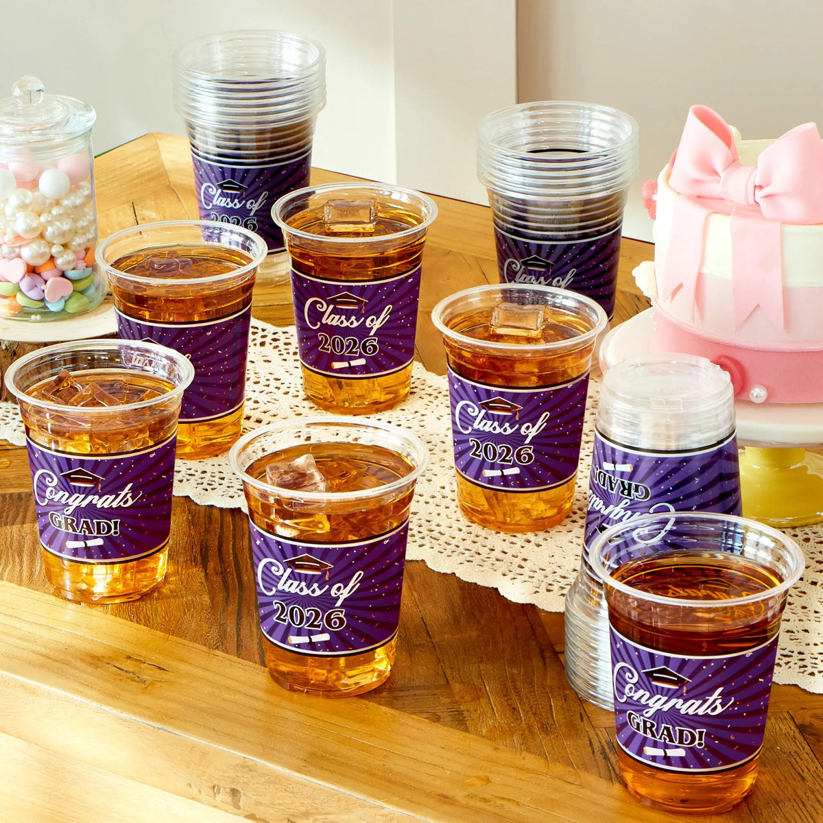 100 Pack 16oz Purple Disposable PET Graduation Cups - Class of 2026 Party Supplies