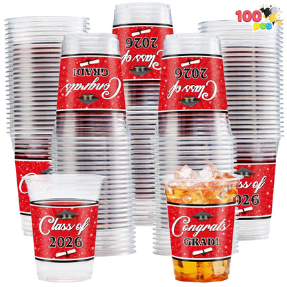 100 Pack 16oz Red Disposable PET Graduation Cups - Class of 2026 Party Supplies