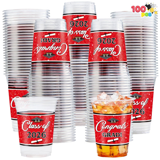 100 Pack 16oz Red Disposable PET Graduation Cups - Class of 2026 Party Supplies
