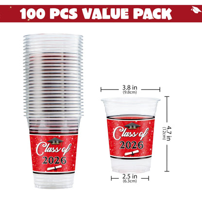 100 Pack 16oz Red Disposable PET Graduation Cups - Class of 2026 Party Supplies