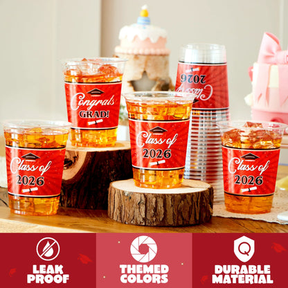 100 Pack 16oz Red Disposable PET Graduation Cups - Class of 2026 Party Supplies