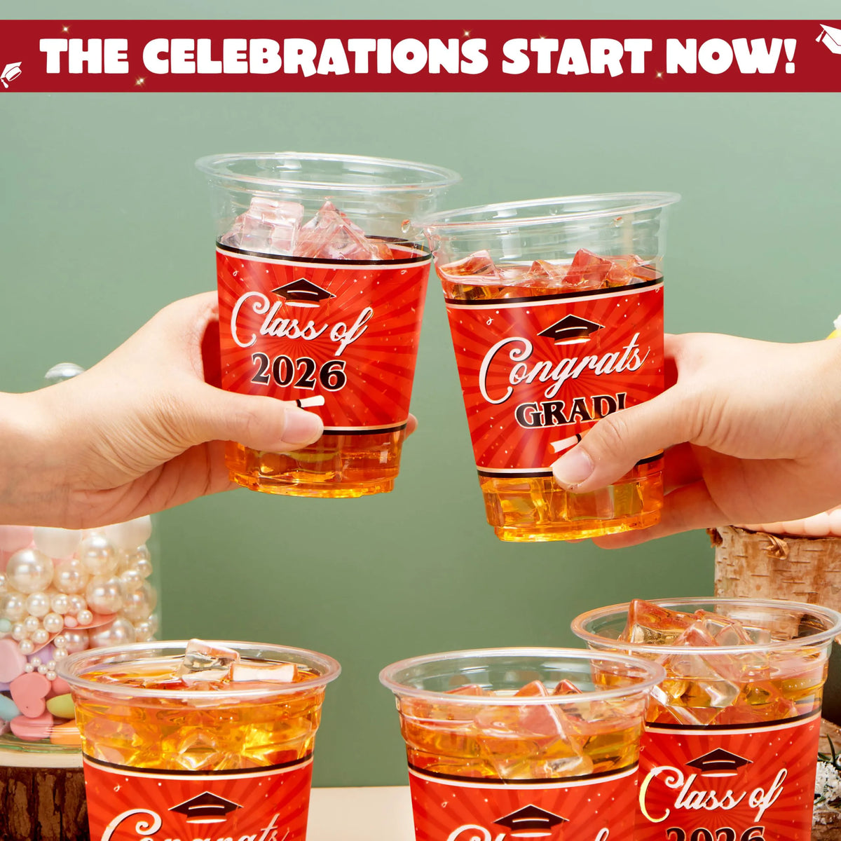 100 Pack 16oz Red Disposable PET Graduation Cups - Class of 2026 Party Supplies