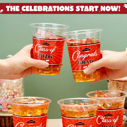 100 Pack 16oz Red Disposable PET Graduation Cups - Class of 2026 Party Supplies
