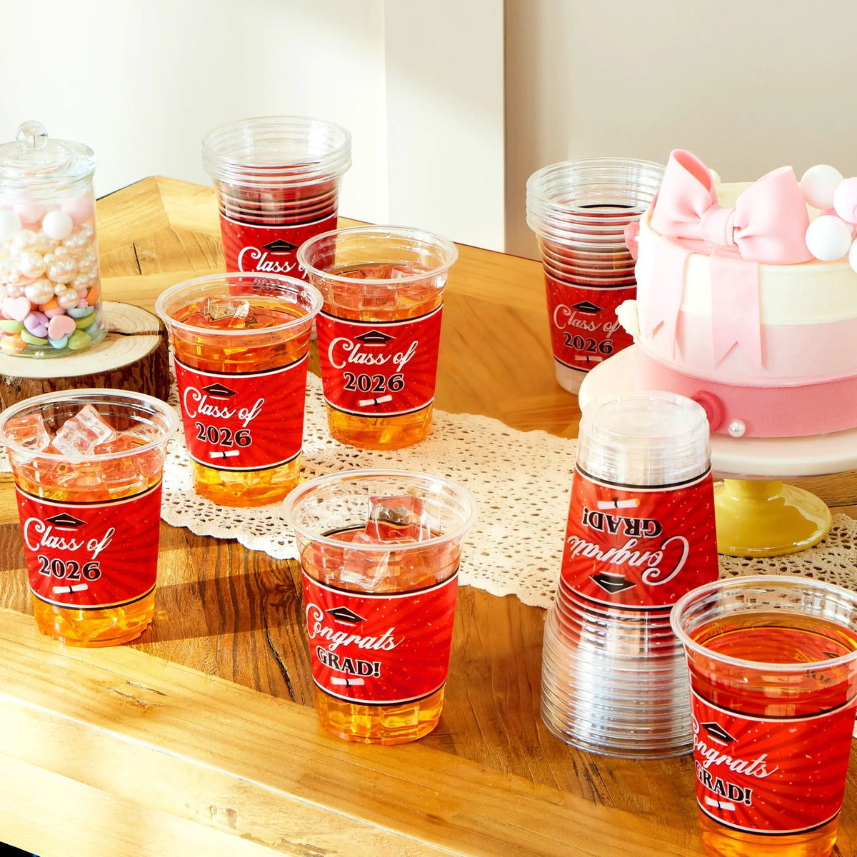 100 Pack 16oz Red Disposable PET Graduation Cups - Class of 2026 Party Supplies
