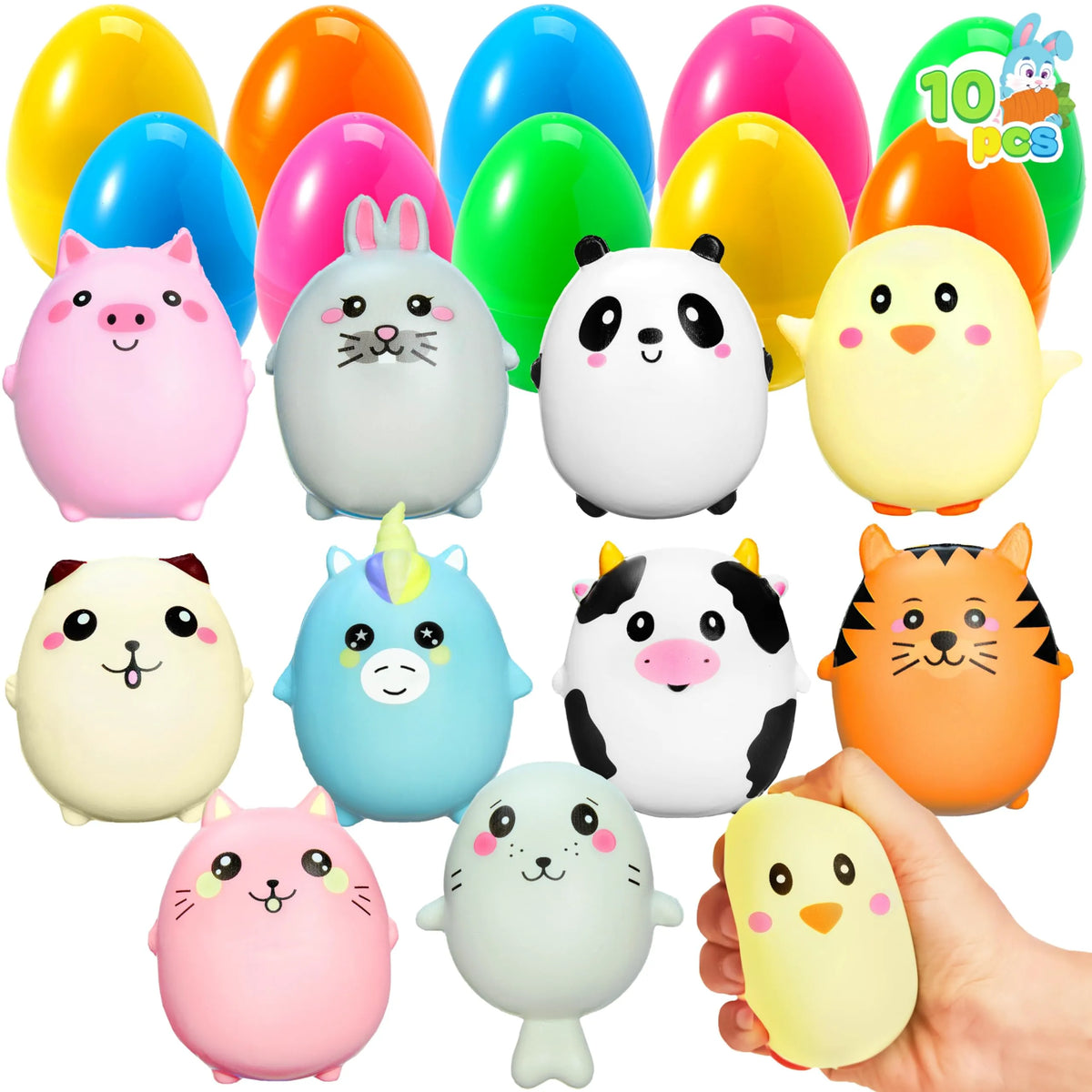 JOYIN 10-Pack Jumbo Easter Eggs with Animal Squishy Toys