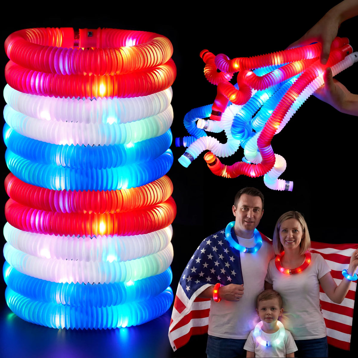 JOYIN 12-Piece Patriotic Light-Up Pop Tubes and Glow Sticks Set for 4th of July