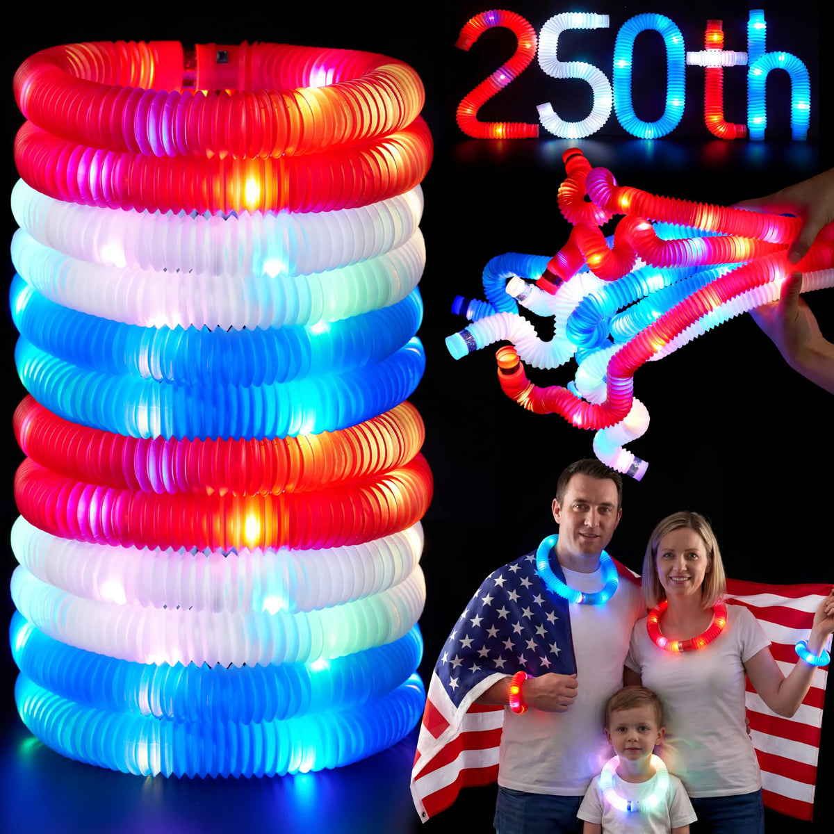 JOYIN 12-Piece Patriotic Light-Up Pop Tubes and Glow Sticks Set for 4th of July