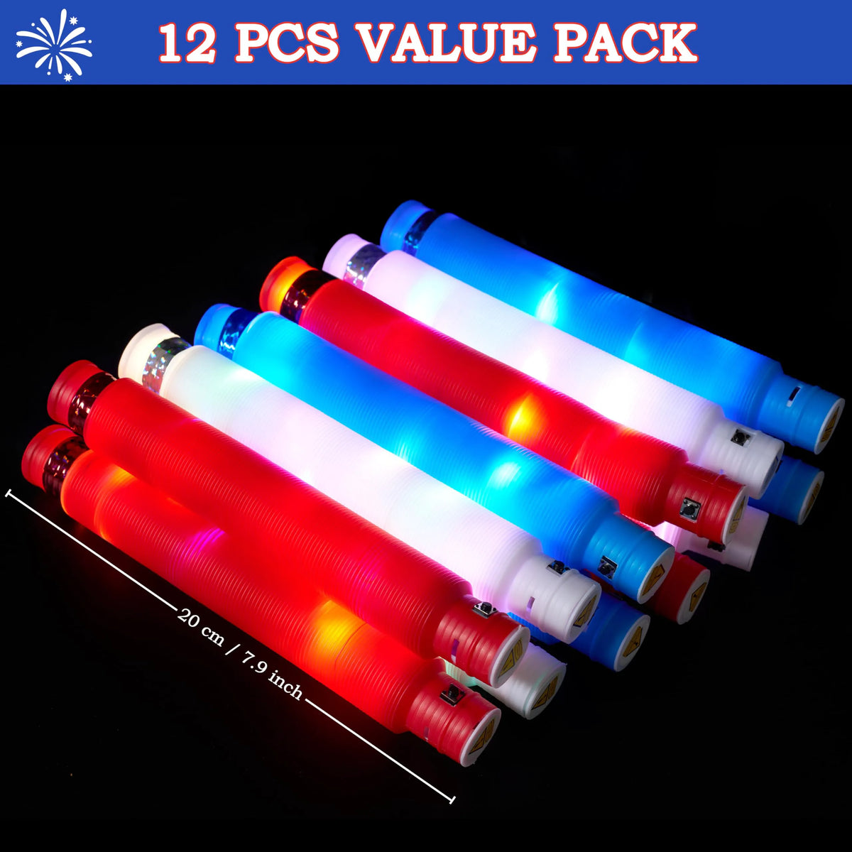 JOYIN 12-Piece Patriotic Light-Up Pop Tubes and Glow Sticks Set for 4th of July