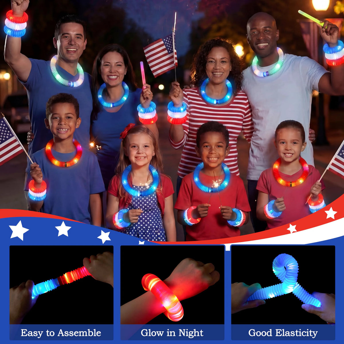 JOYIN 12-Piece Patriotic Light-Up Pop Tubes and Glow Sticks Set for 4th of July
