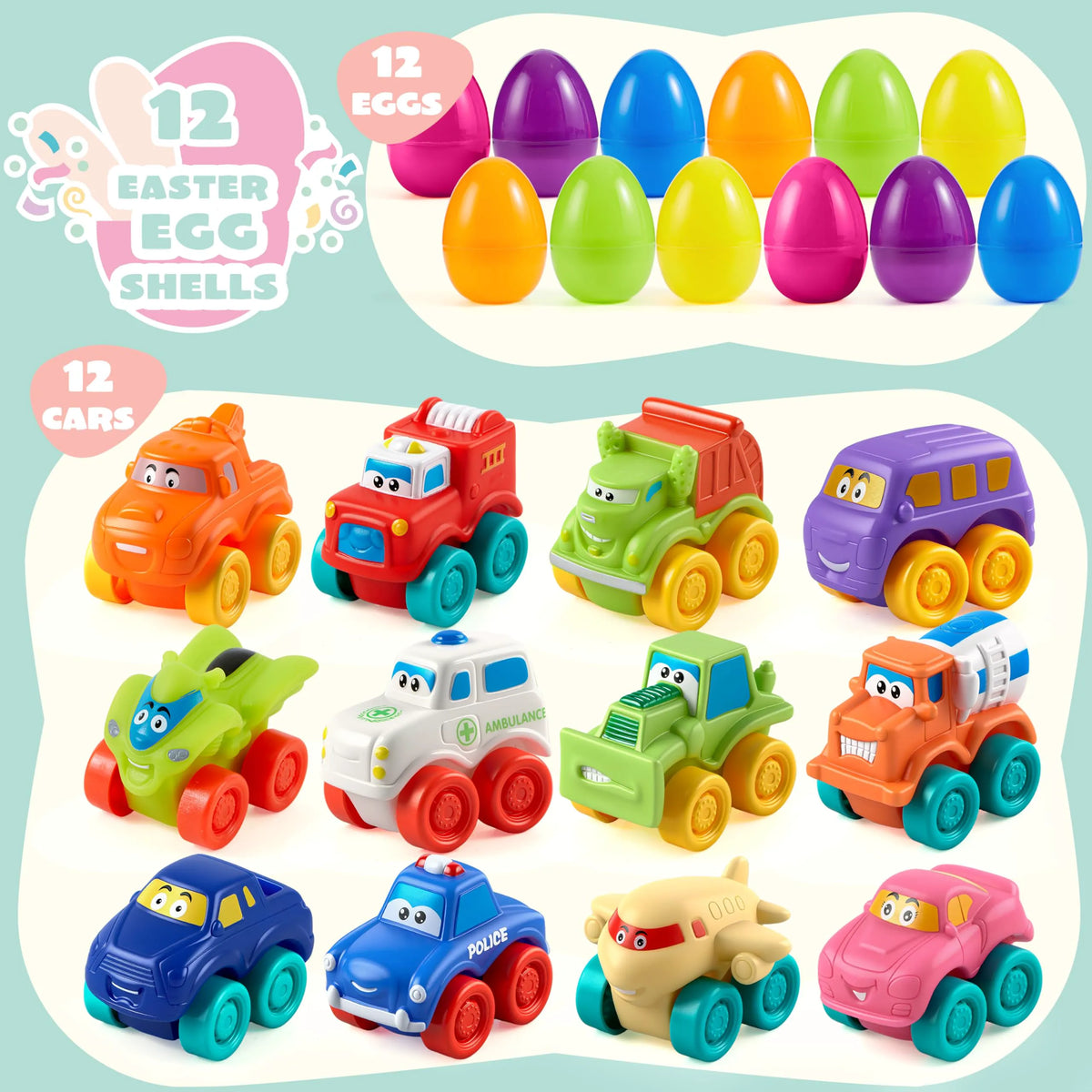 JOYIN 12-Pack Easter Eggs with Rubber Cars