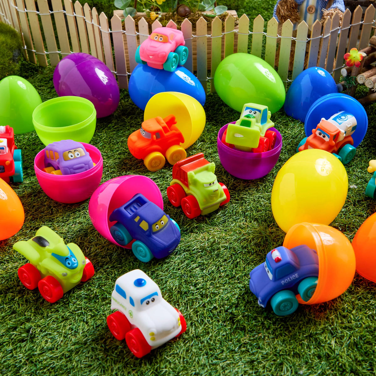JOYIN 12-Pack Easter Eggs with Rubber Cars