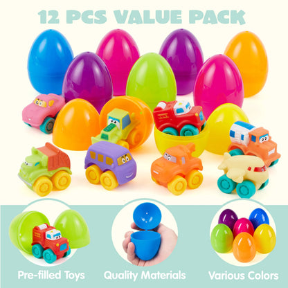 JOYIN 12-Pack Easter Eggs with Rubber Cars