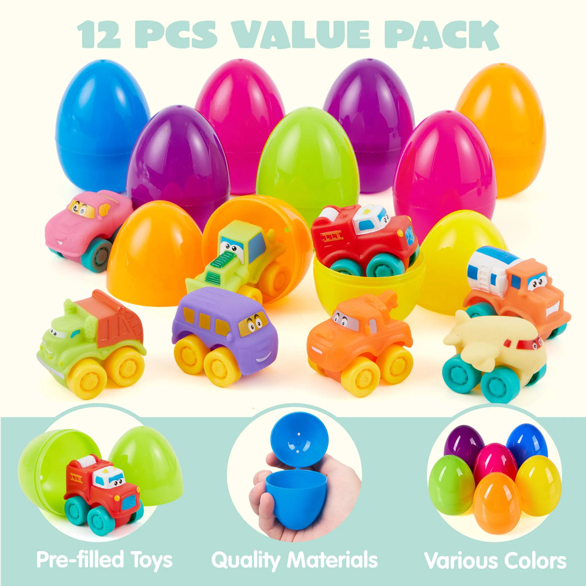 JOYIN 12-Pack Easter Eggs with Rubber Cars