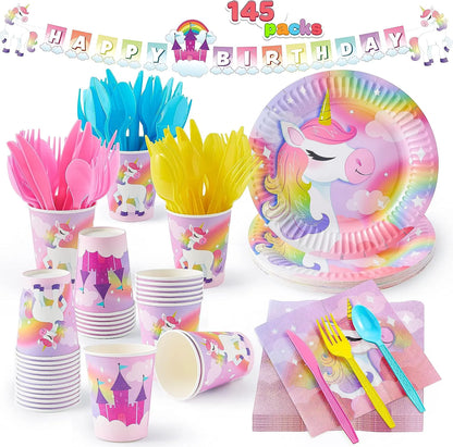 JOYIN 145-Piece Unicorn Birthday Party Supplies Set with Unicorn Banner for Girls