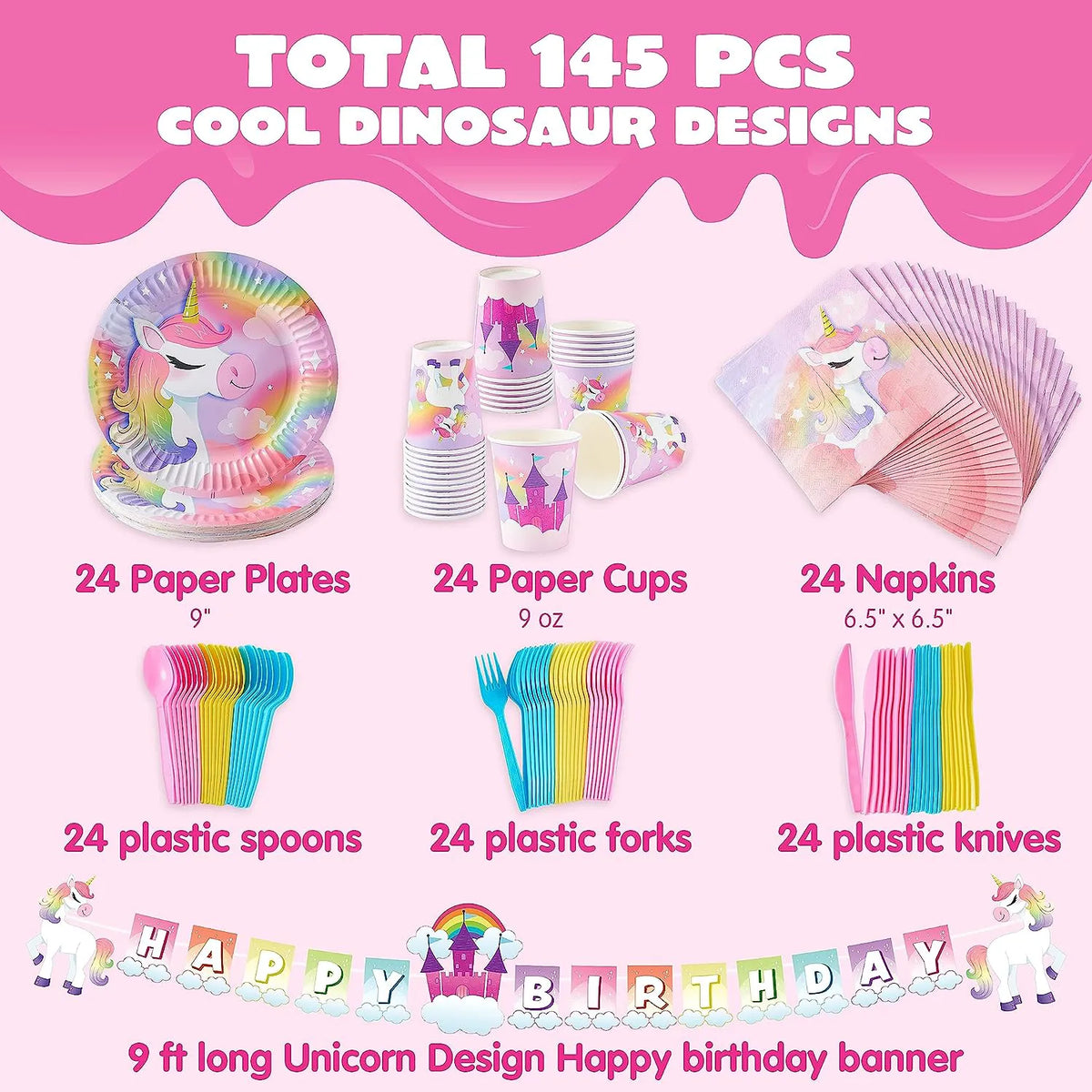 JOYIN 145-Piece Unicorn Birthday Party Supplies Set with Unicorn Banner for Girls